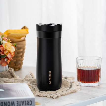 Enjoy a hot brewed coffee with Lepresso Insulated Mug with French Press. The mug capacity is 320ml, and the interior design crafted with dual layers o
