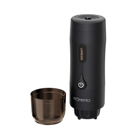 Black LaPresso coffee press with brown plastic cup on a white background