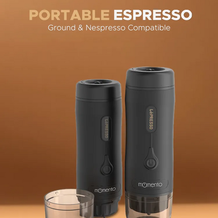Portable espresso maker with accessories on a brown background