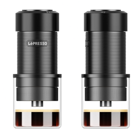 Two Le'Presso coffee presses with coffee being pressed out on a white background