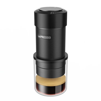 Black LéPresso coffee maker on a white background