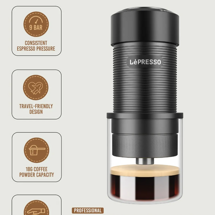 LePresso hand press espresso maker with features listed on a light gray background