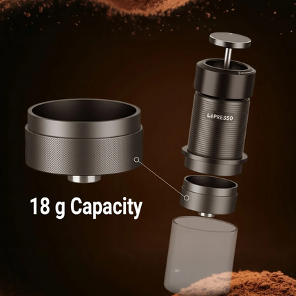 LéPresso coffee maker with 18 g capacity on a brown background