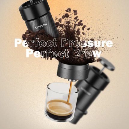 LéPresso coffee maker brewing a glass of coffee with coffee beans around it on a gradient background.