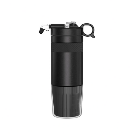 Black insulated travel mug with a clear bottom section on a white background