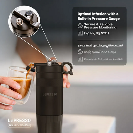 Le'Prezzo coffee maker with a built-in pressure gauge and a glass of coffee.