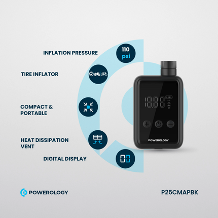 Enjoy effortless and quick inflation with the Powerology Super Compact Tire Inflator, presented in a sleek Black design. This portable, high-performan