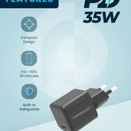 Powerology 35W Single Port Type-C GaN Charger with EU Plug - Black