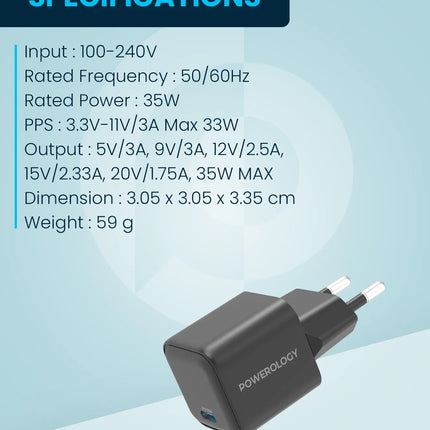 Powerology 35W Single Port Type-C GaN Charger with EU Plug - Black