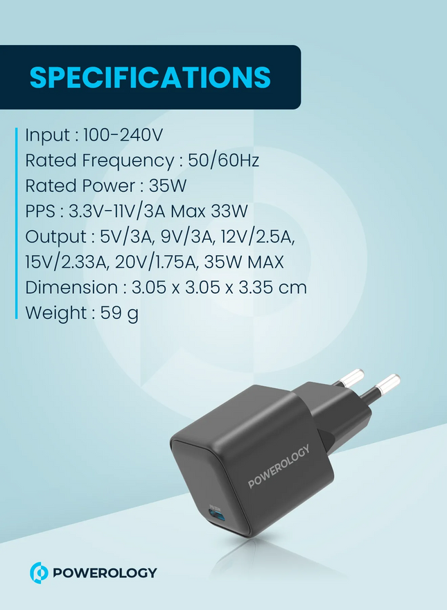 The Powerology Ultra-quick GaN Charger, equipped with an EU plug, is an excellent choice for efficiently powering your devices. The powerful 35W outpu