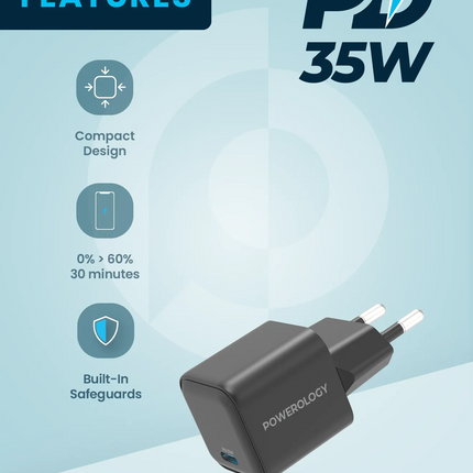 The Powerology Ultra-quick GaN Charger, equipped with an EU plug, is an excellent choice for efficiently powering your devices. The powerful 35W outpu