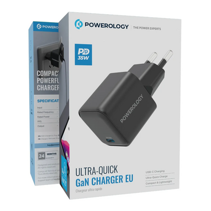 The Powerology Ultra-quick GaN Charger, equipped with an EU plug, is an excellent choice for efficiently powering your devices. The powerful 35W outpu