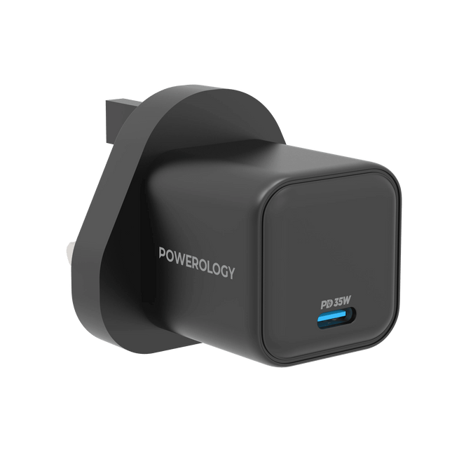 Powerology 35W Single Port Type-C GaN Charger with UK Plug - Black - Clix