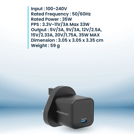 Powerology 35W Single Port Type-C GaN Charger with UK Plug - Black - Clix