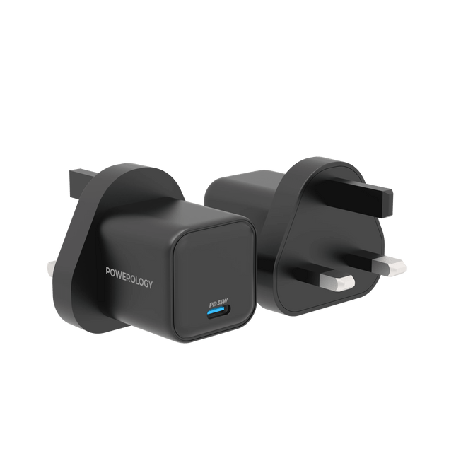 Powerology 35W Single Port Type-C GaN Charger with UK Plug - Black - Clix