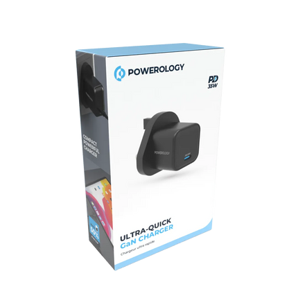 The Powerology 35W Gan Charger, with UK plug, offers a superior charging solution for your devices. Its 35W output, coupled with a Type-C port enhance
