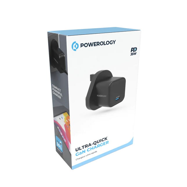 The Powerology 35W Gan Charger, with UK plug, offers a superior charging solution for your devices. Its 35W output, coupled with a Type-C port enhance