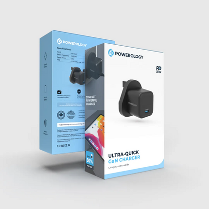 The Powerology 35W Gan Charger, with UK plug, offers a superior charging solution for your devices. Its 35W output, coupled with a Type-C port enhance