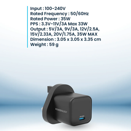 The Powerology 35W Gan Charger, with UK plug, offers a superior charging solution for your devices. Its 35W output, coupled with a Type-C port enhance