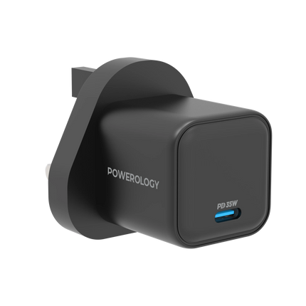 The Powerology 35W Gan Charger, with UK plug, offers a superior charging solution for your devices. Its 35W output, coupled with a Type-C port enhance