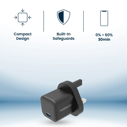 The Powerology 35W Gan Charger, with UK plug, offers a superior charging solution for your devices. Its 35W output, coupled with a Type-C port enhance