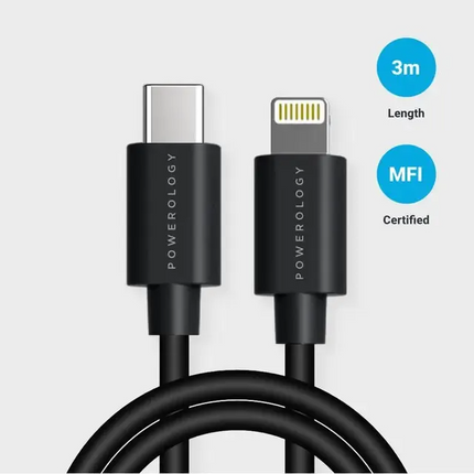 Powerology USB-C Lightning Cable is a 3m long TPE cable with the ability of data transferring and fast charging made for iPhones and iPads. It has USB