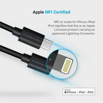 Powerology USB-C Lightning Cable is a 3m long TPE cable with the ability of data transferring and fast charging made for iPhones and iPads. It has USB