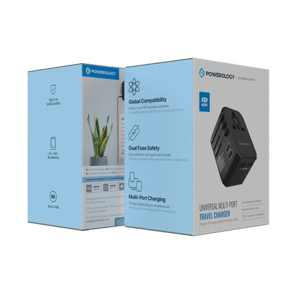 Powerology has produced its multiport adaptor with four international plugs as a compact all-in-one solution for travelers. Powerology Universal Multi