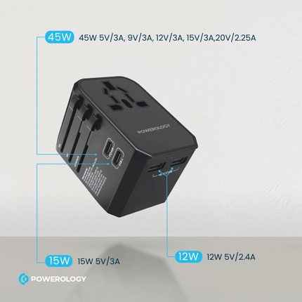 Powerology has produced its multiport adaptor with four international plugs as a compact all-in-one solution for travelers. Powerology Universal Multi