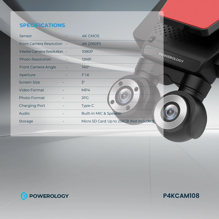 Powerology Dual Lens Dash Camera is a cutting-edge camera designed to provide ample coverage for your vehicle. With a 4K CMOS sensor, the front-facing