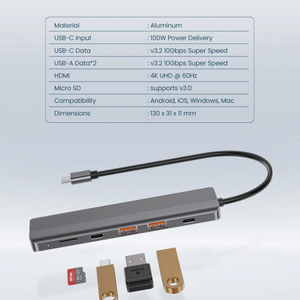Powerology 6-in-1 Slim 4K HDMI USB-C Hub