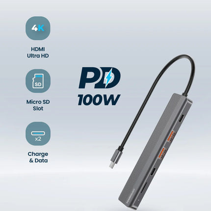 Powerology 6-in-1 Slim 4K HDMI USB-C Hub