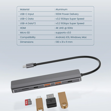 Powerology 6-in-1 Slim 4K HDMI USB-C Hub - Powerology 6-in-1 Slim 4K HDMI USB-C Hub is a multi-port Hub with the ability of fast charging (PD100W) and high-speed data transfer (10Gbps)