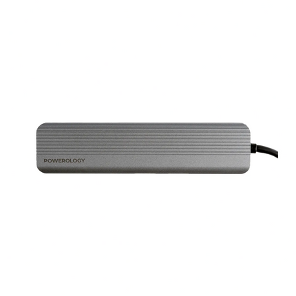 Gray power bank with 'Powerology' branding on a white background