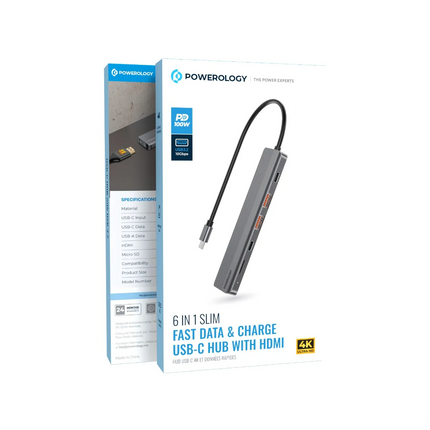 Powerology 6-in-1 Slim 4K HDMI USB-C Hub - Powerology 6-in-1 Slim 4K HDMI USB-C Hub is a multi-port Hub with the ability of fast charging (PD100W) and high-speed data transfer (10Gbps)