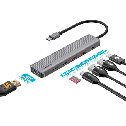 USB hub with multiple ports and cables on a white background