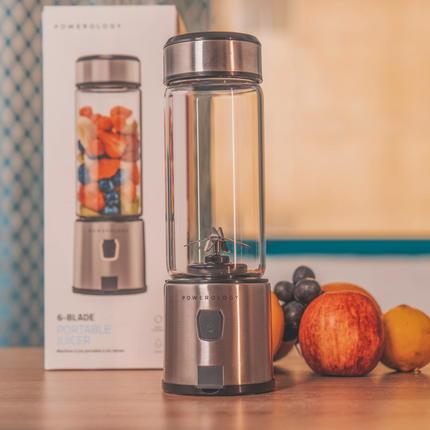 POWEROLOGY 6-BLADE PORTABLE JUICER 450ML 126W - ALUMINUM - Powerology 6-Blade Portable Juicer is a light-weight kitchen gadget designed to consume healthy, fresh beverages in just a snap