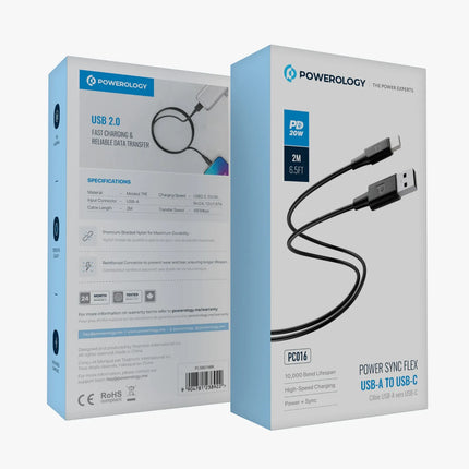 POWEROLOGY USB-A TO USB-C TPE JACKET OVER-MOLDED CABLE 2 METER - BLACK