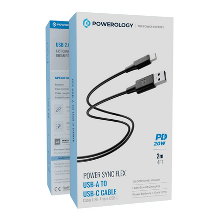 POWEROLOGY USB-A TO USB-C TPE JACKET OVER-MOLDED CABLE 2 METER - BLACK - Powereology USB-A to USB-C TPE Jacket Over-Molded Cable 2M  BlackCharge and sync your device