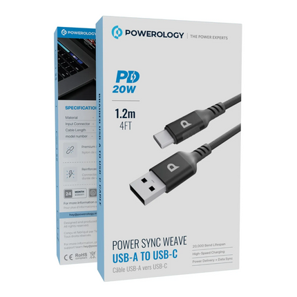 Powerology Power Sync Weave USB-A to USB-C PD 20W Cable has durability and high-speed performance in its construction. Made with braided material, the
