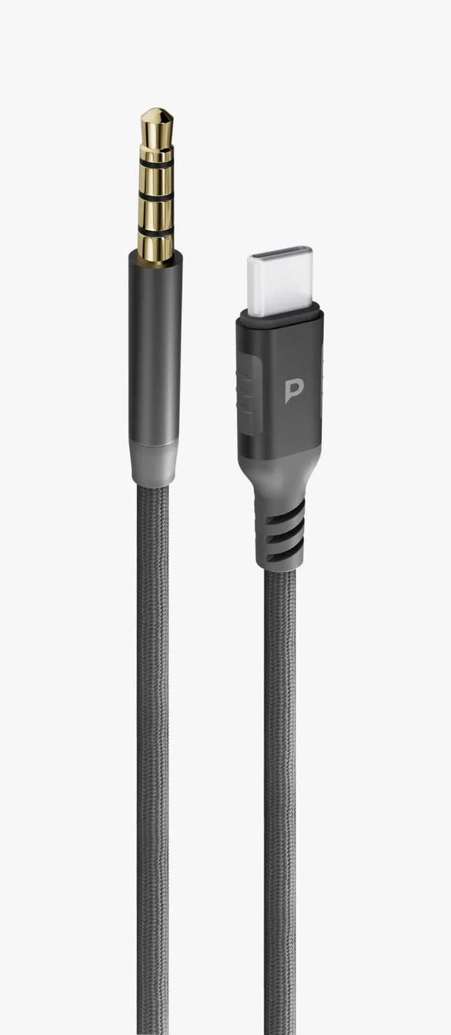 كابل باورولوجي AUX مقاس 3.5 ملم إلى USB-C من الألومنيوم بطول 1.2 متر، رمادي داكن