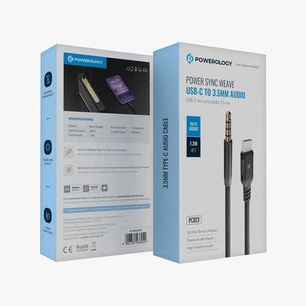With nylon braided construction for durability and flexibility, the Powerology Power Sync Weave USB-C to 3.5mm Audio 1.2m cable is a tailor-made extra