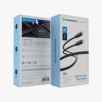 Powereology 100W USB-C to USB-C V3.1 5G Metal Plug Nylon Braided Cable - Powereology 100W USB-C to USB-C V3