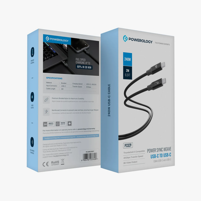 Powereology 240W USB4 Thunderbolt 40G Aluminium Shell Nylon Braided Cable - Powereology 240W USB4 Thunderbolt 40G Aluminium Shell Nylon Braided Cable 3M  2MPower, speed