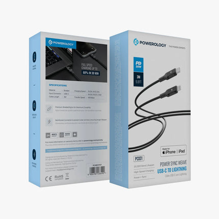 POWEROLOGY MFI LIGHTNING TO USB-C ALUMINIUM SHELL NYLON BRAIDED CABLE 3 METER - DARK GRE