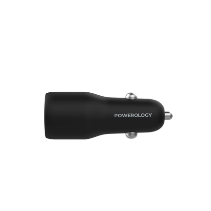 Black car charger with 'Powerology' branding on a white background