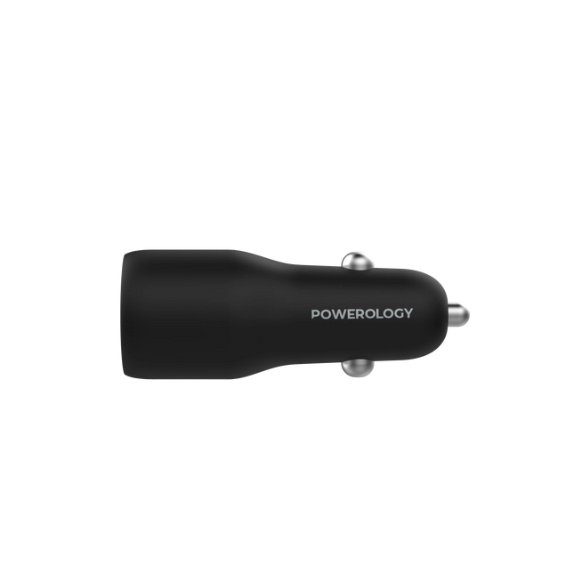 Black car charger with 'Powerology' branding on a white background
