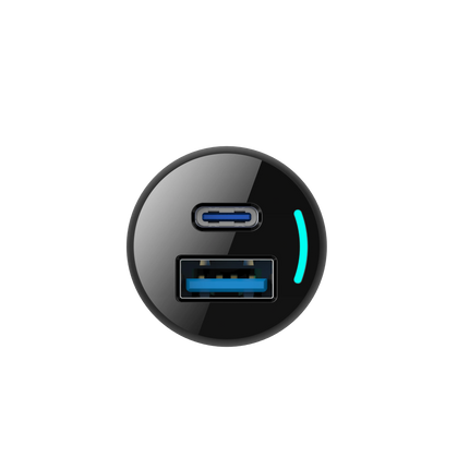 Black circular USB car charger with two ports on a white background