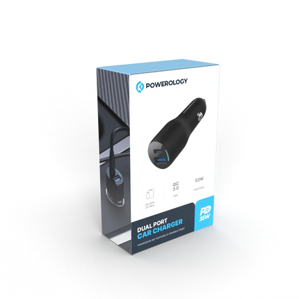 Powerology dual port car charger packaging on a white background