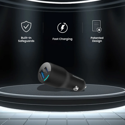 Car charger with built-in safeguards, fast charging, and patented design on a dark background with Powerology branding.